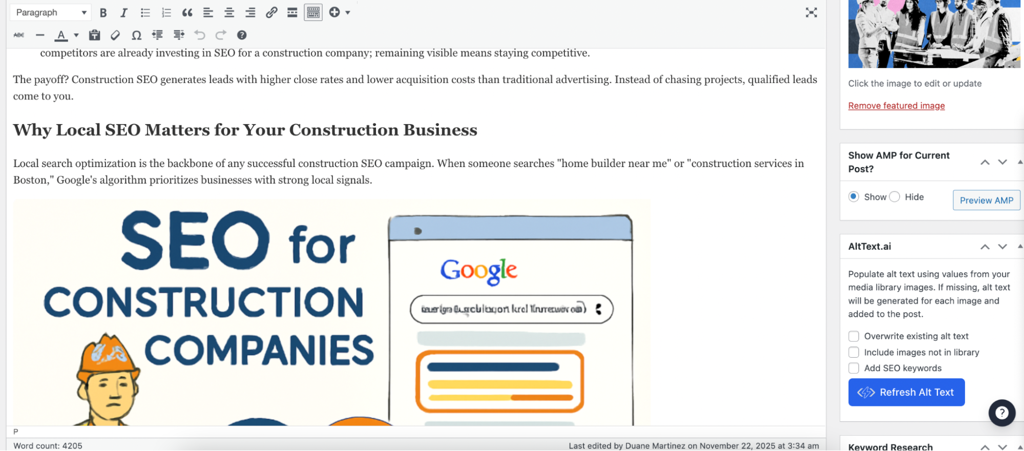 A screenshot of the WordPress editor with SEO content and a featured image section on the right panel.