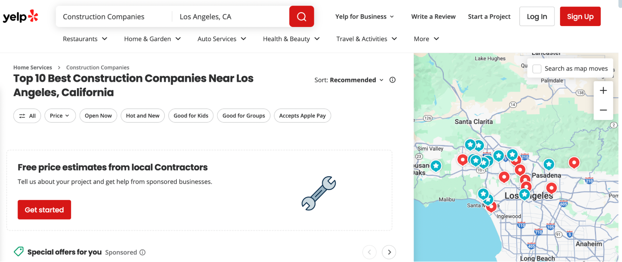 A Yelp search results page displaying top construction companies in Los Angeles alongside a map of business locations.