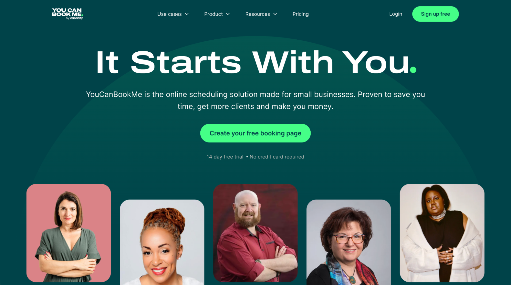 YouCanBookMe homepage showcasing a small-business scheduling platform designed to save time, increase bookings, and simplify appointment management.