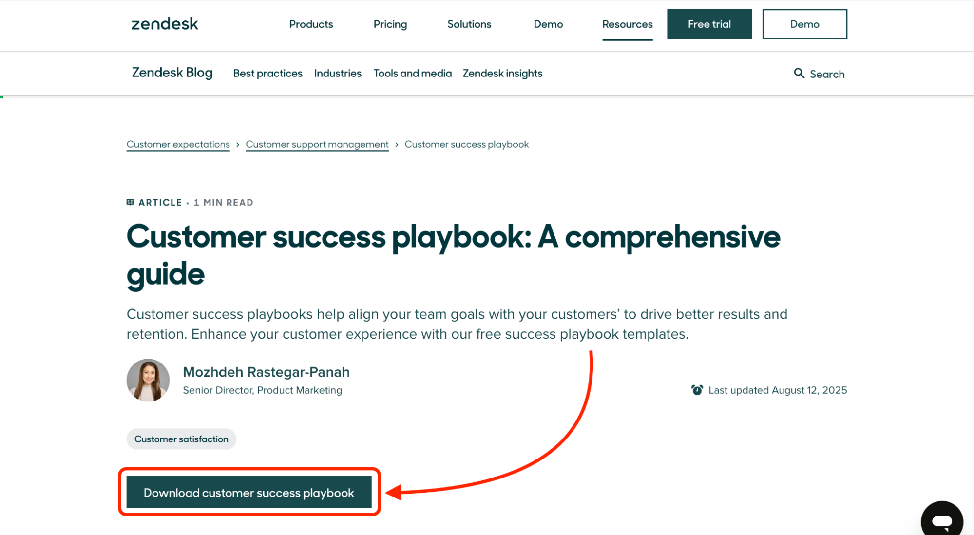 Zendesk article promoting a customer success playbook with a prominent download button highlighted at the bottom of the page.