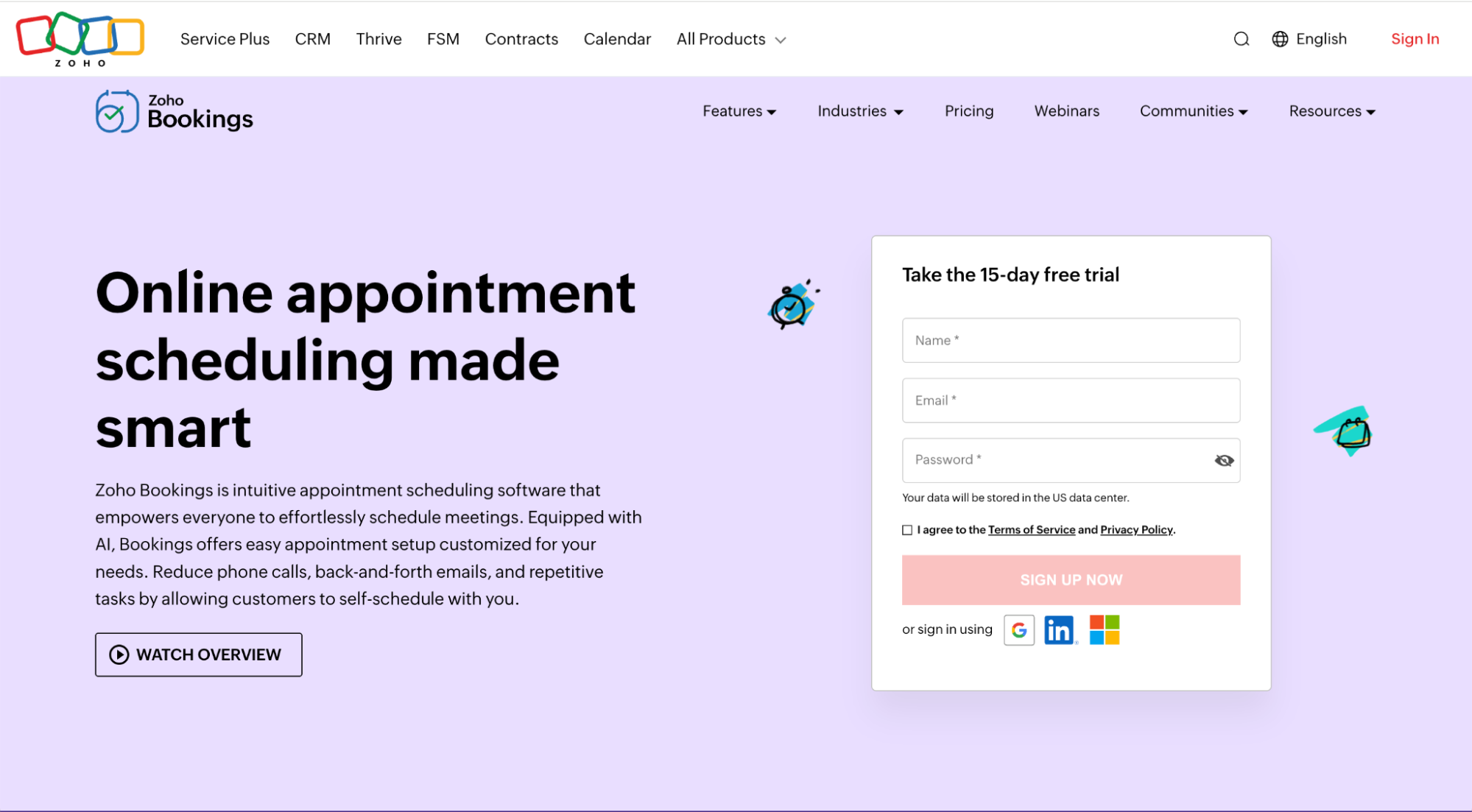 Zoho Bookings homepage promoting AI-powered appointment scheduling tools with customizable booking workflows and a 15-day free trial.