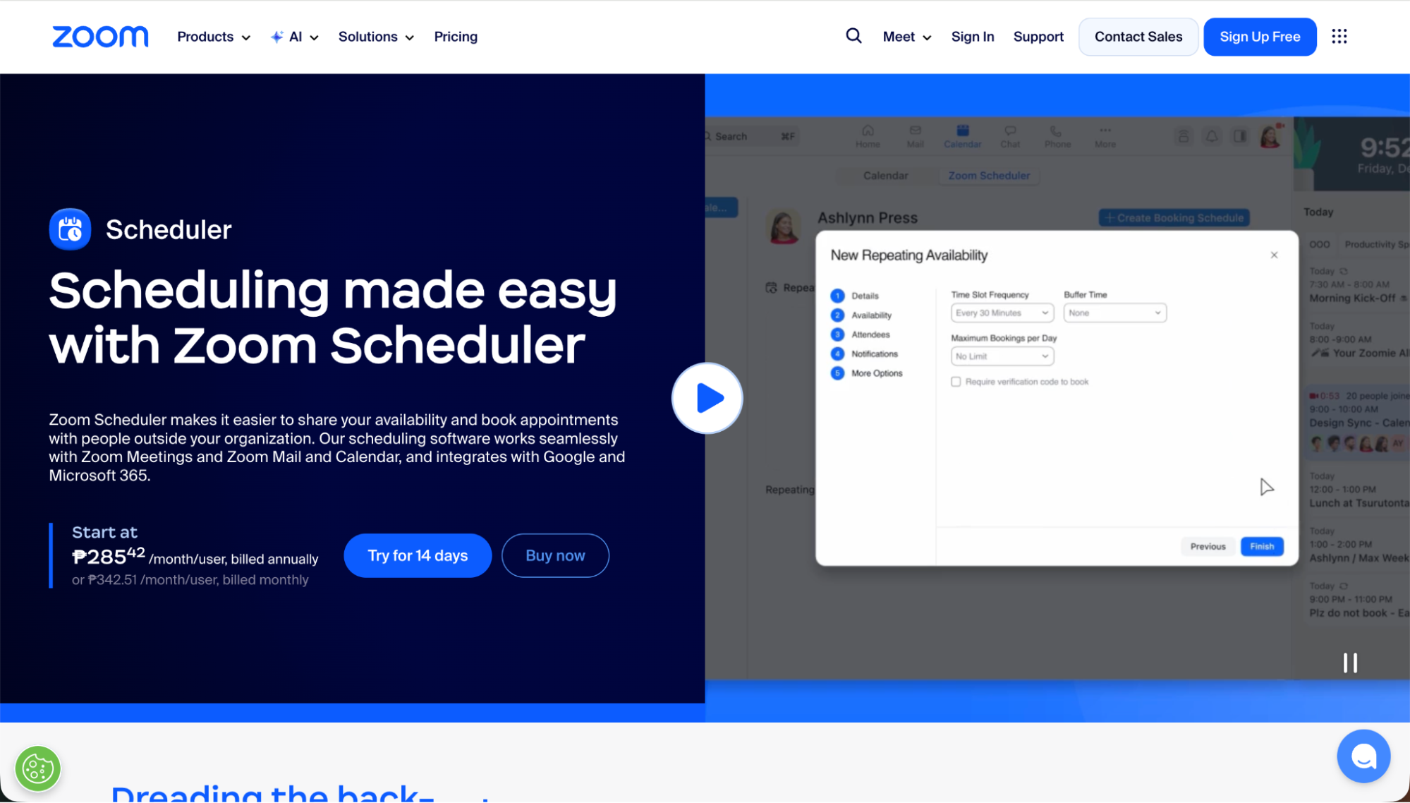Zoom Scheduler interface showing automated appointment booking, availability settings, and seamless integration with Zoom Meetings and Google Calendar.