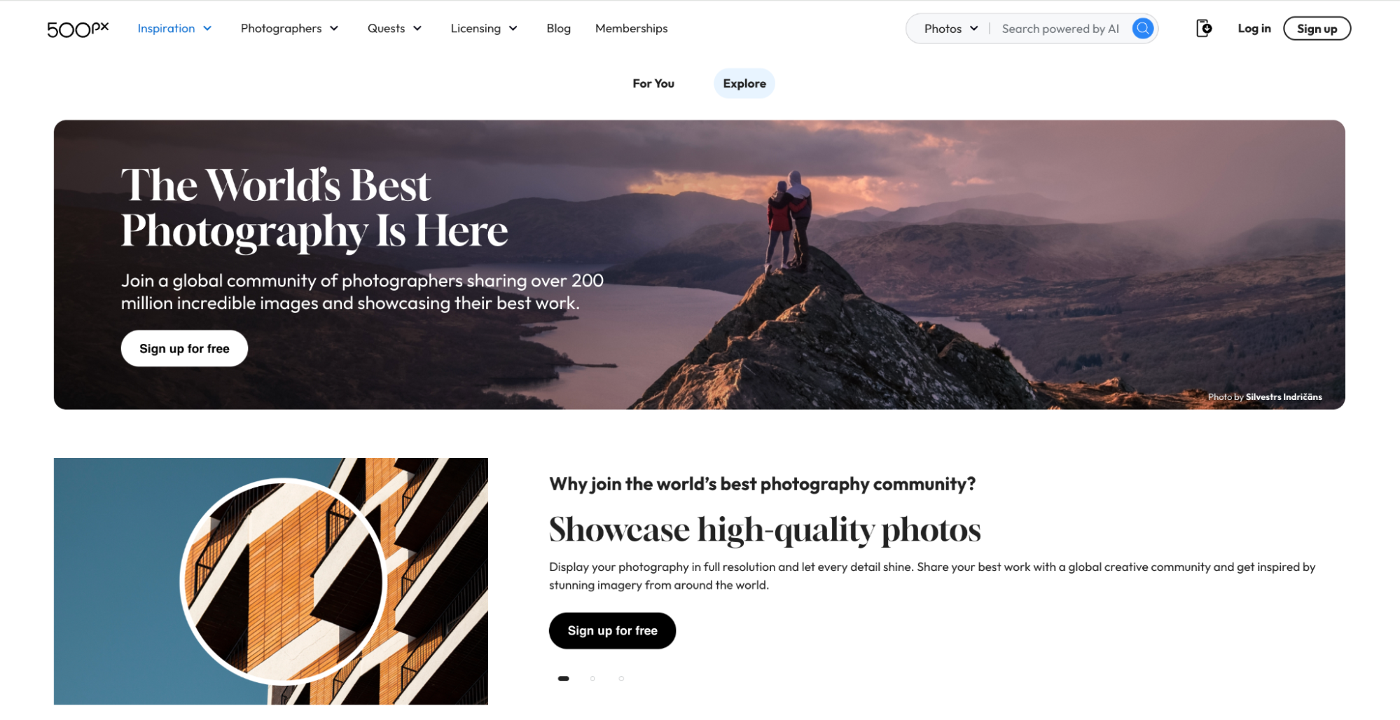 500px homepage highlighting a global photography community as an Instagram alternative. The platform focuses on high-resolution images, discovery, and professional exposure for photographers.