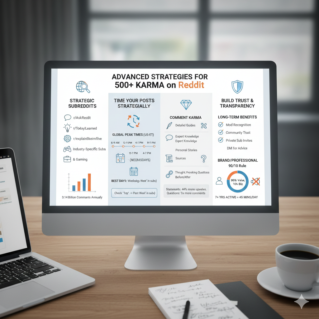 A desktop monitor displaying a detailed infographic outlining advanced strategies for earning 500+ Reddit karma, including post timing, strategic subreddits, and trust-building tips.