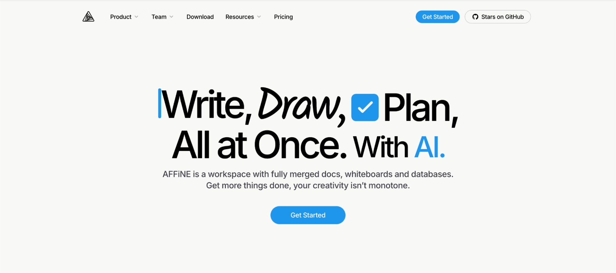 AFFiNE homepage showcasing its all-in-one AI workspace for writing, drawing, and planning with integrated docs and whiteboards.