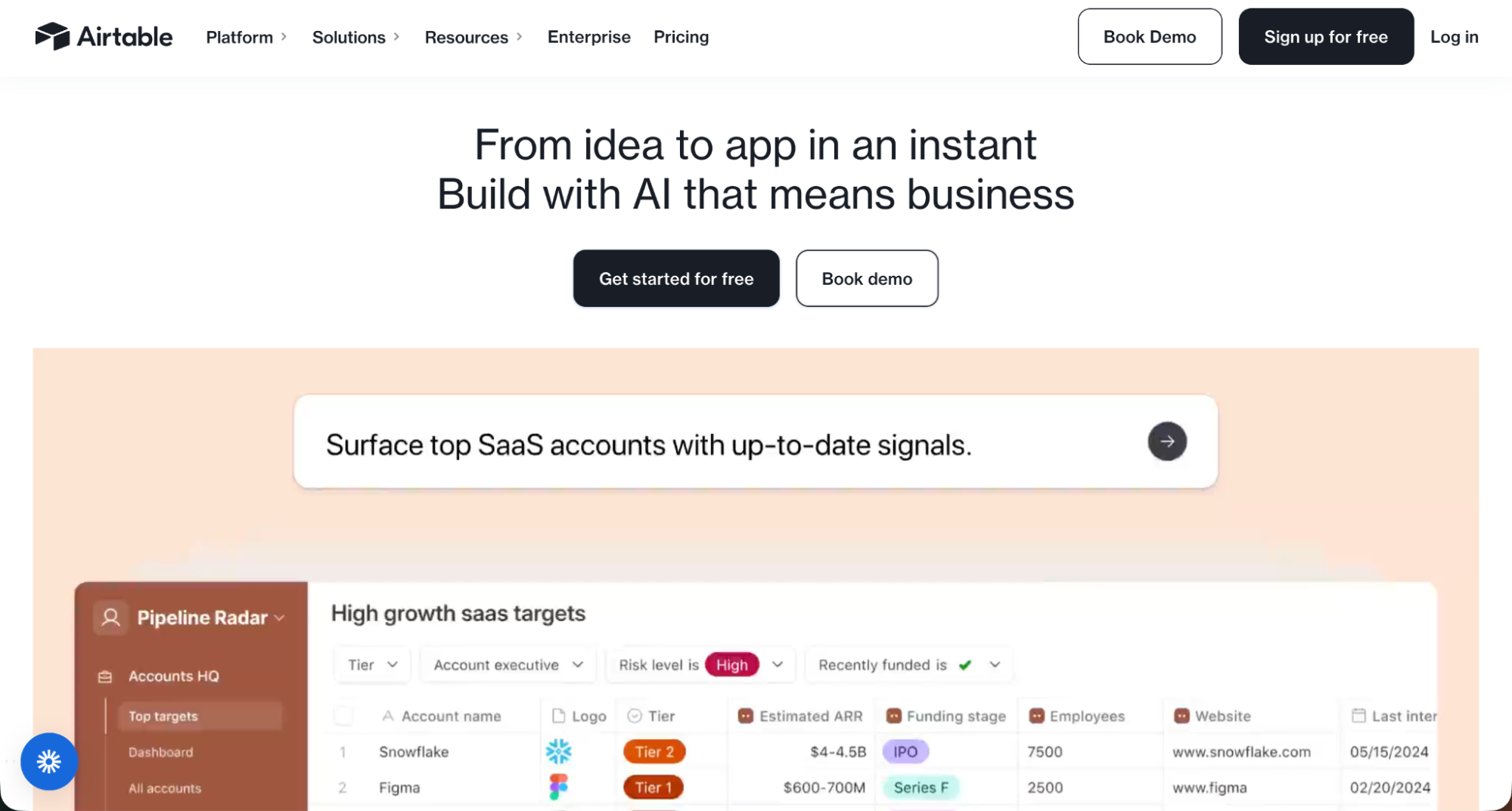 Airtable homepage introducing its AI-powered no-code platform for building apps and managing data instantly.