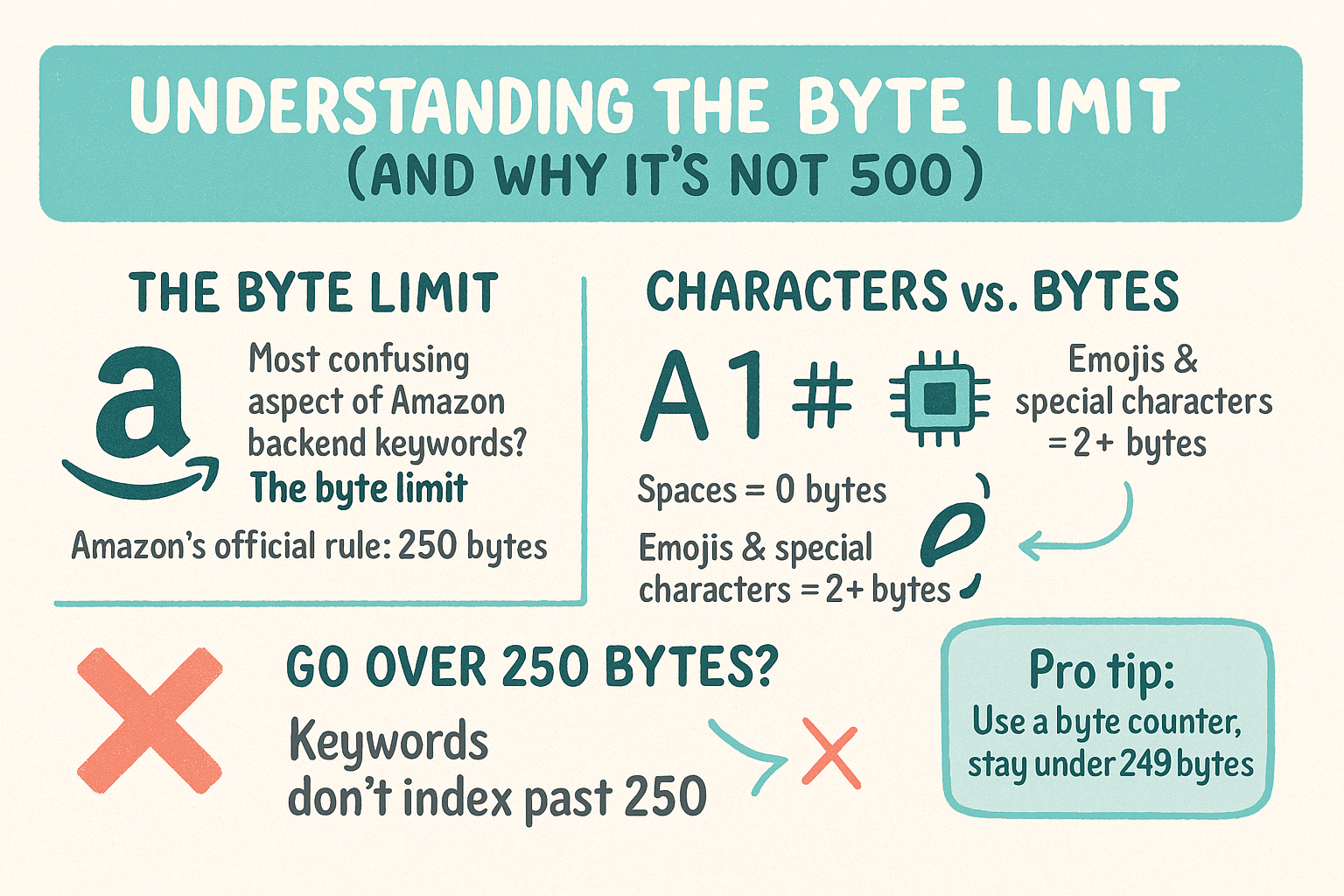 Graphic explaining Amazon’s 250-byte limit for backend keywords and how characters convert to byte values.
