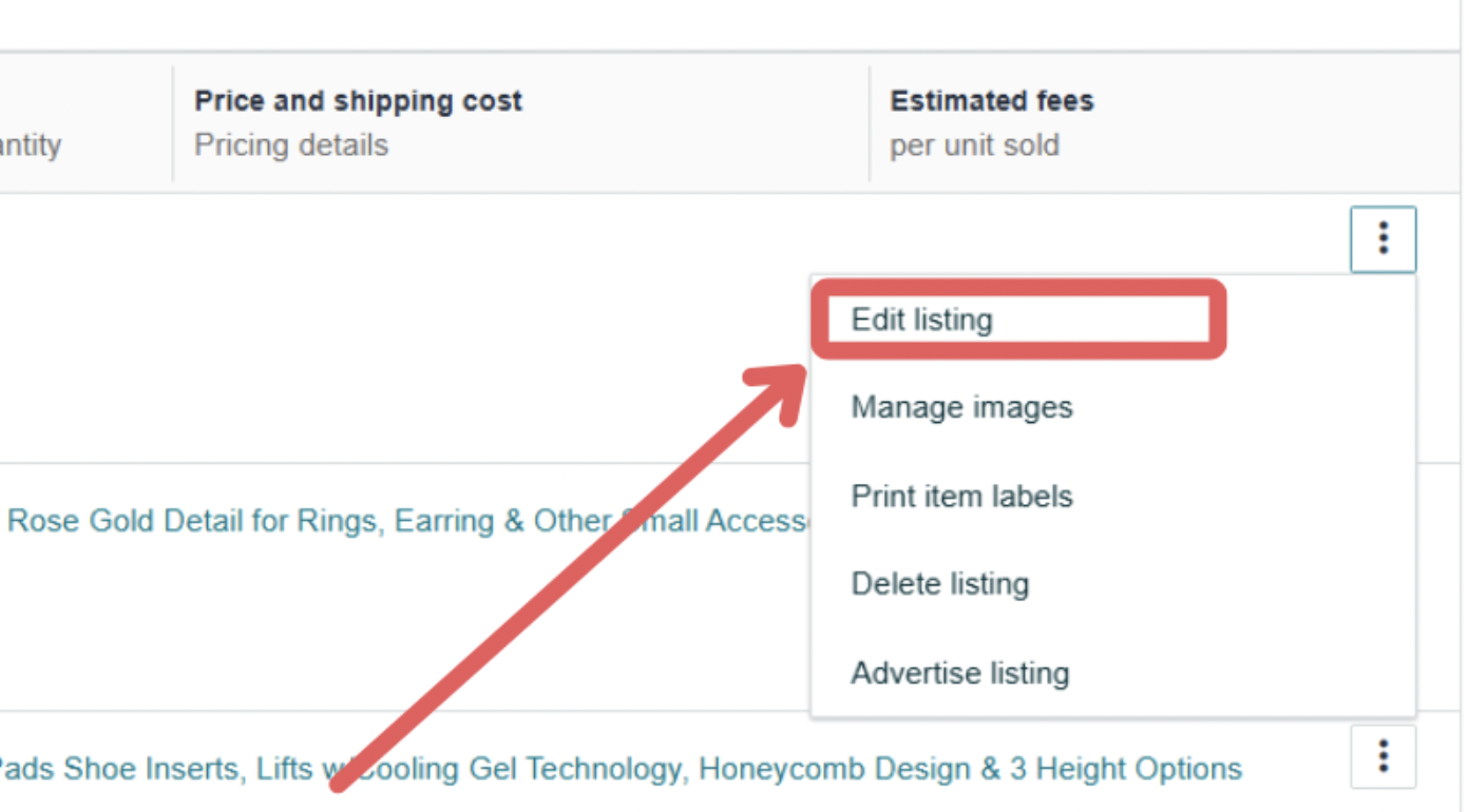 Screenshot showing the Amazon Seller Central menu with the “Edit listing” option highlighted.