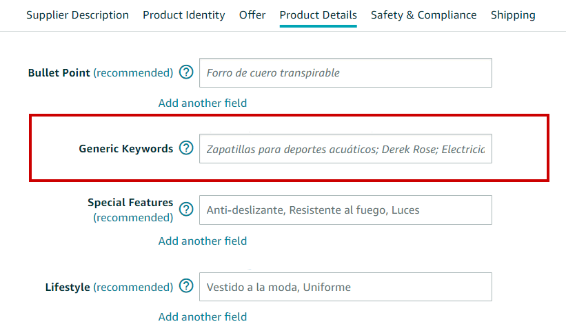 Amazon product details page displaying the Generic Keywords field filled with sample backend keywords.