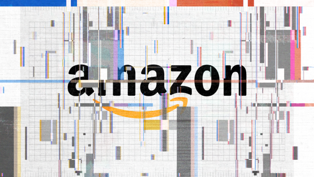 Artistic image of the Amazon logo displayed with glitch-style digital distortion.