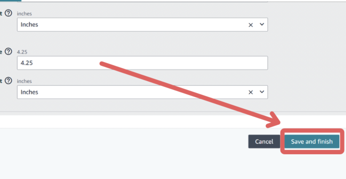Screenshot showing the Amazon listing form with an arrow pointing to the highlighted “Save and finish” button.