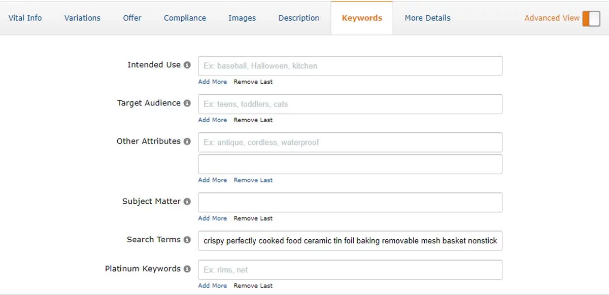 Amazon keywords tab showing an example Search Terms field filled with descriptive backend keywords for a product.
