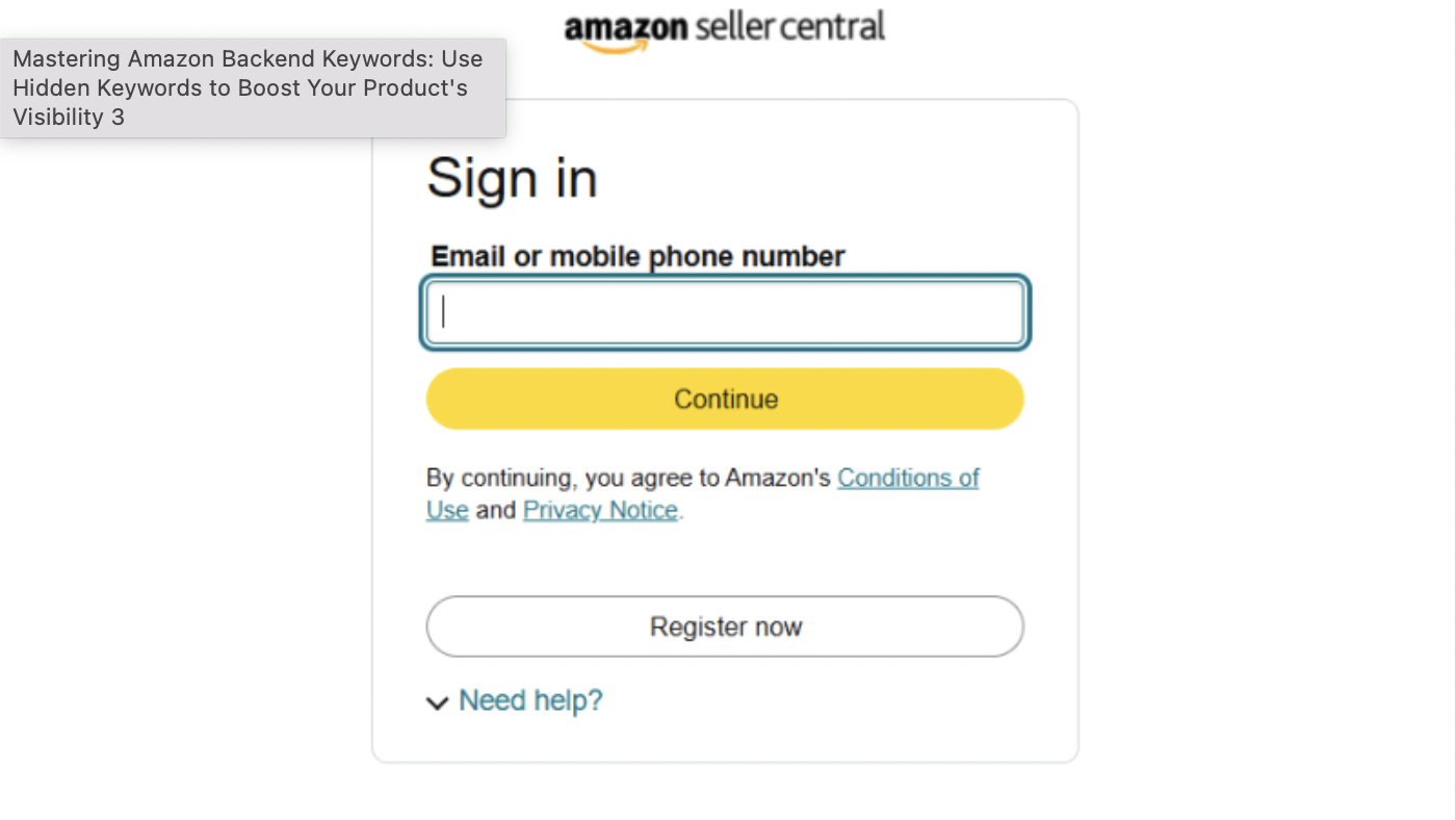 Amazon Seller Central login page prompting users to enter their email or mobile number to sign in.