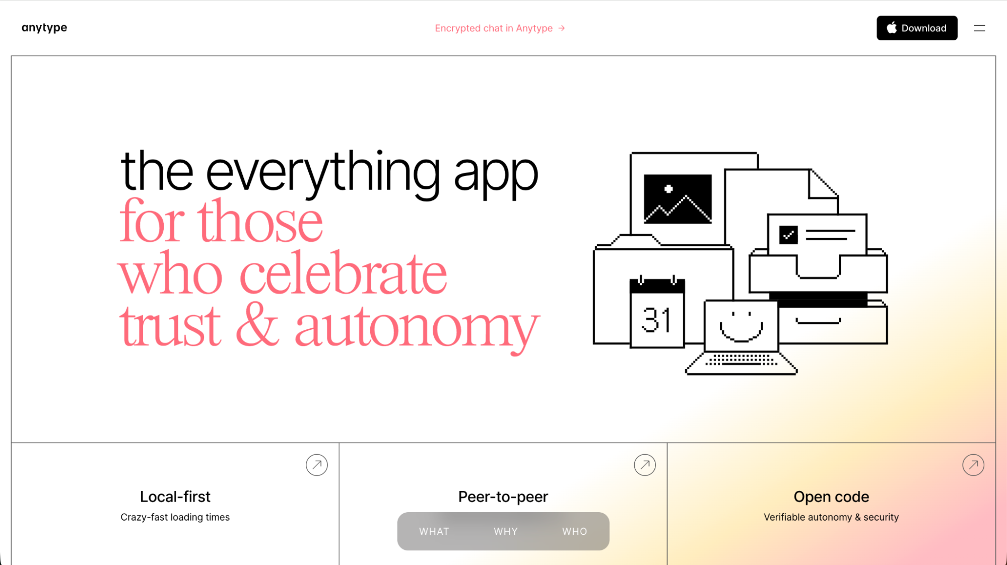 Anytype homepage presenting its privacy-focused ‘everything app,’ built for users who value autonomy, trust, and local-first storage.