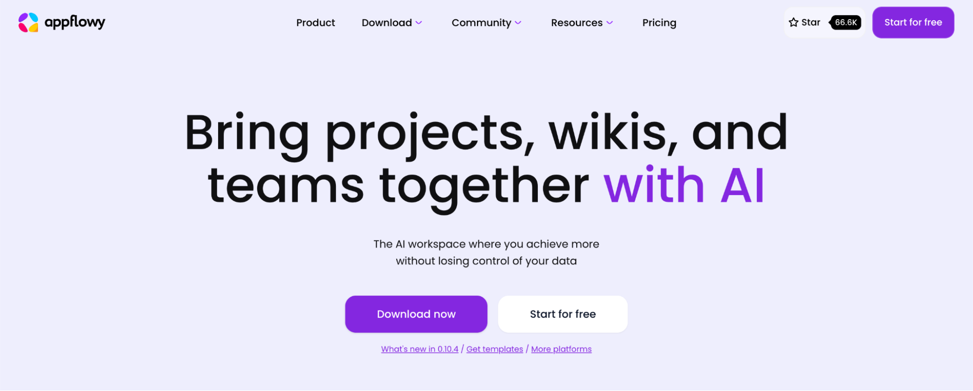 Appflowy homepage promoting its open-source AI workspace designed to bring projects, wikis, and teams together while maintaining data control.