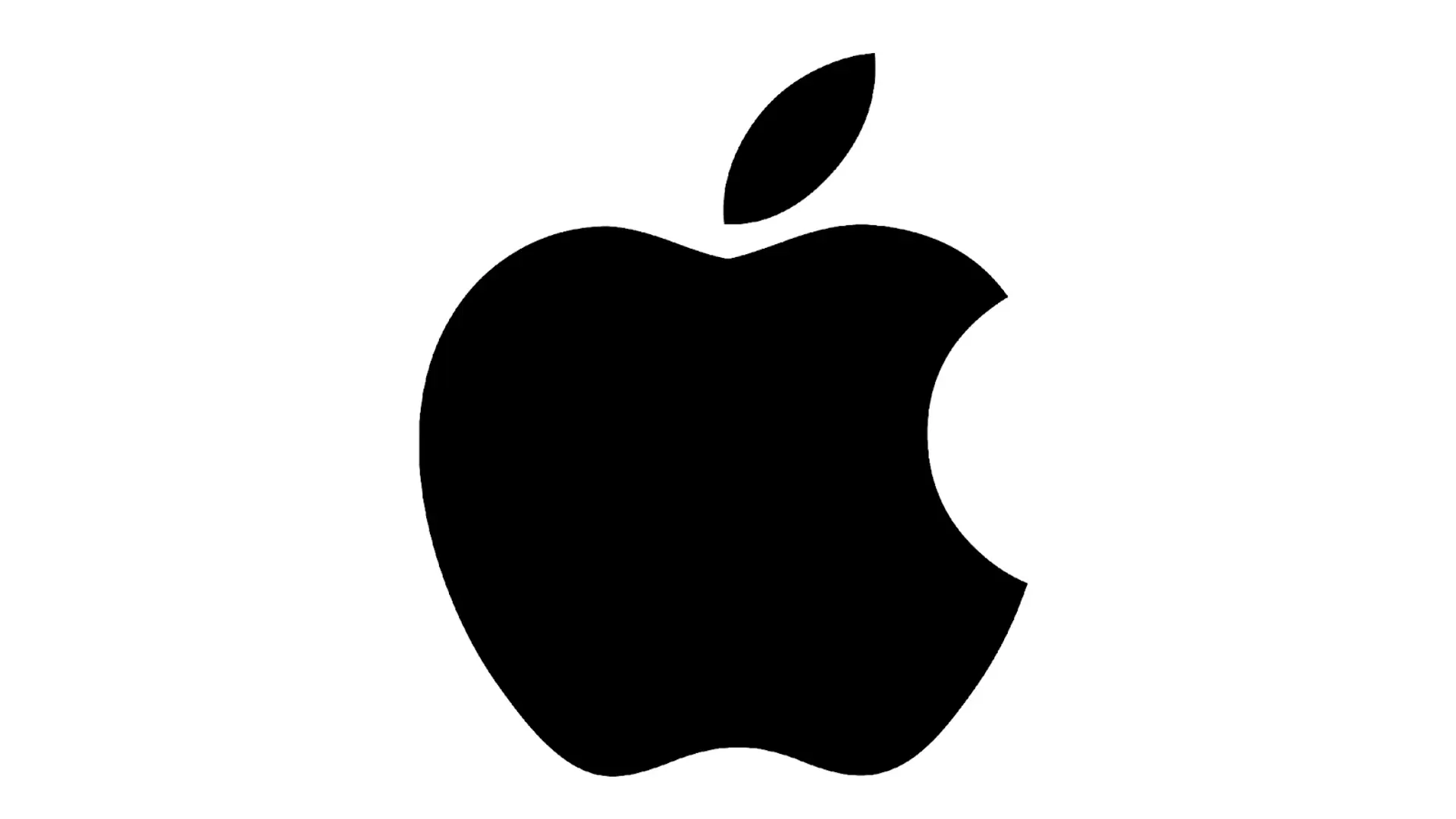 The Apple logo shown as a solid black silhouette of an apple with a bite taken out of the right side and a leaf on top.