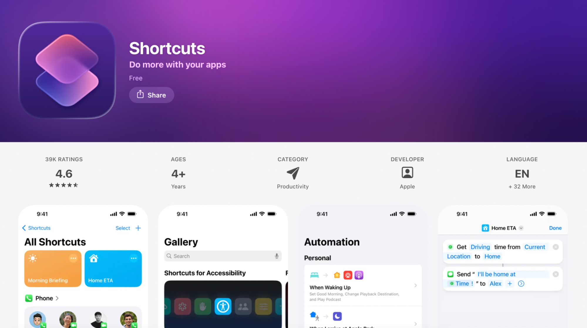 App Store screenshot of Apple Shortcuts displaying automation workflows and productivity shortcuts on iOS.