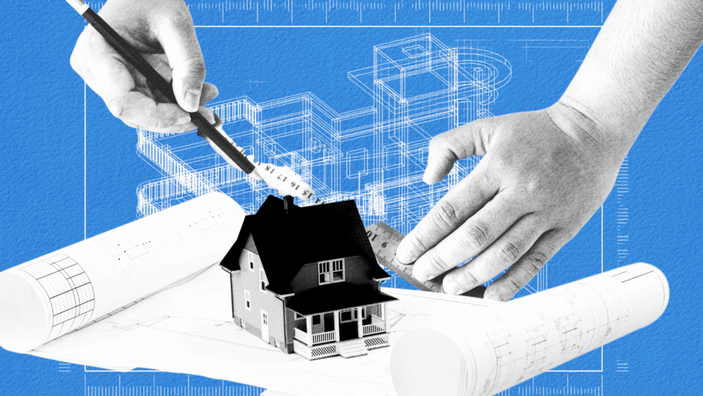 A collage featuring hands working with architectural blueprints and a small model house on top of design plans.
