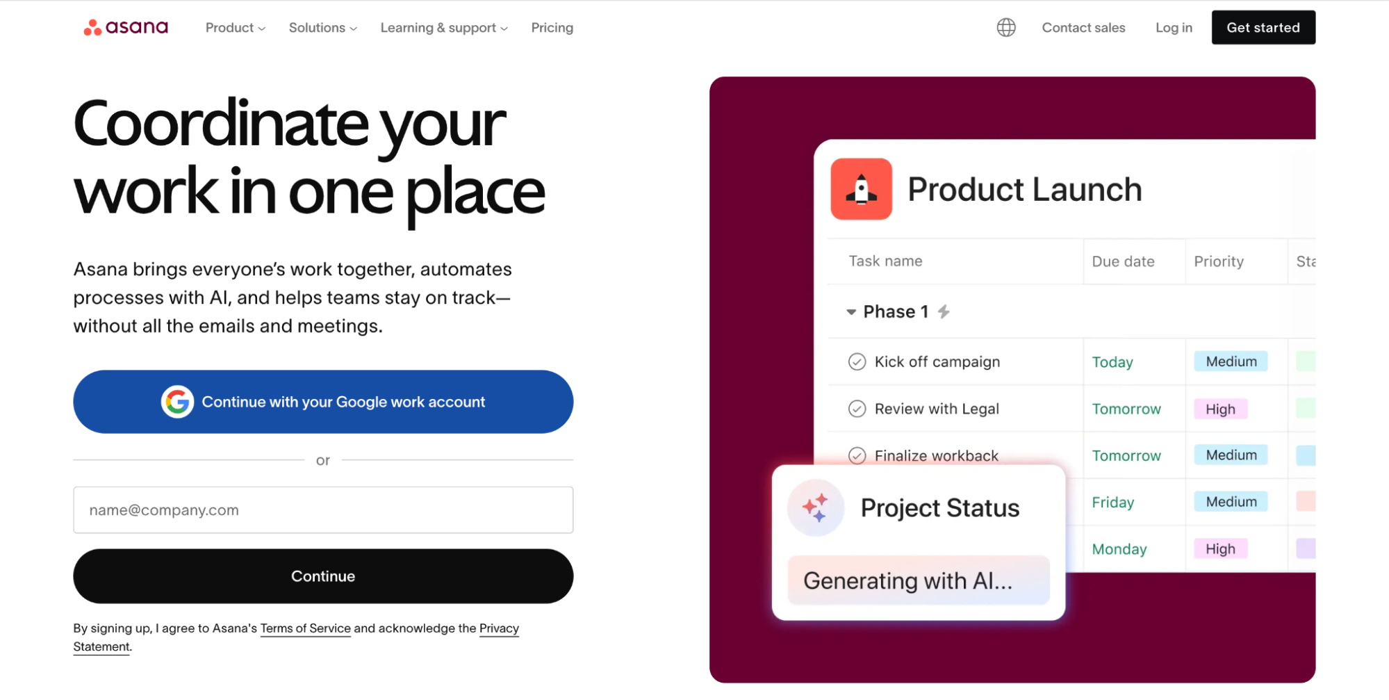 Asana homepage showcasing its AI-powered project management platform that centralizes tasks, automates workflows, and coordinates team work.
