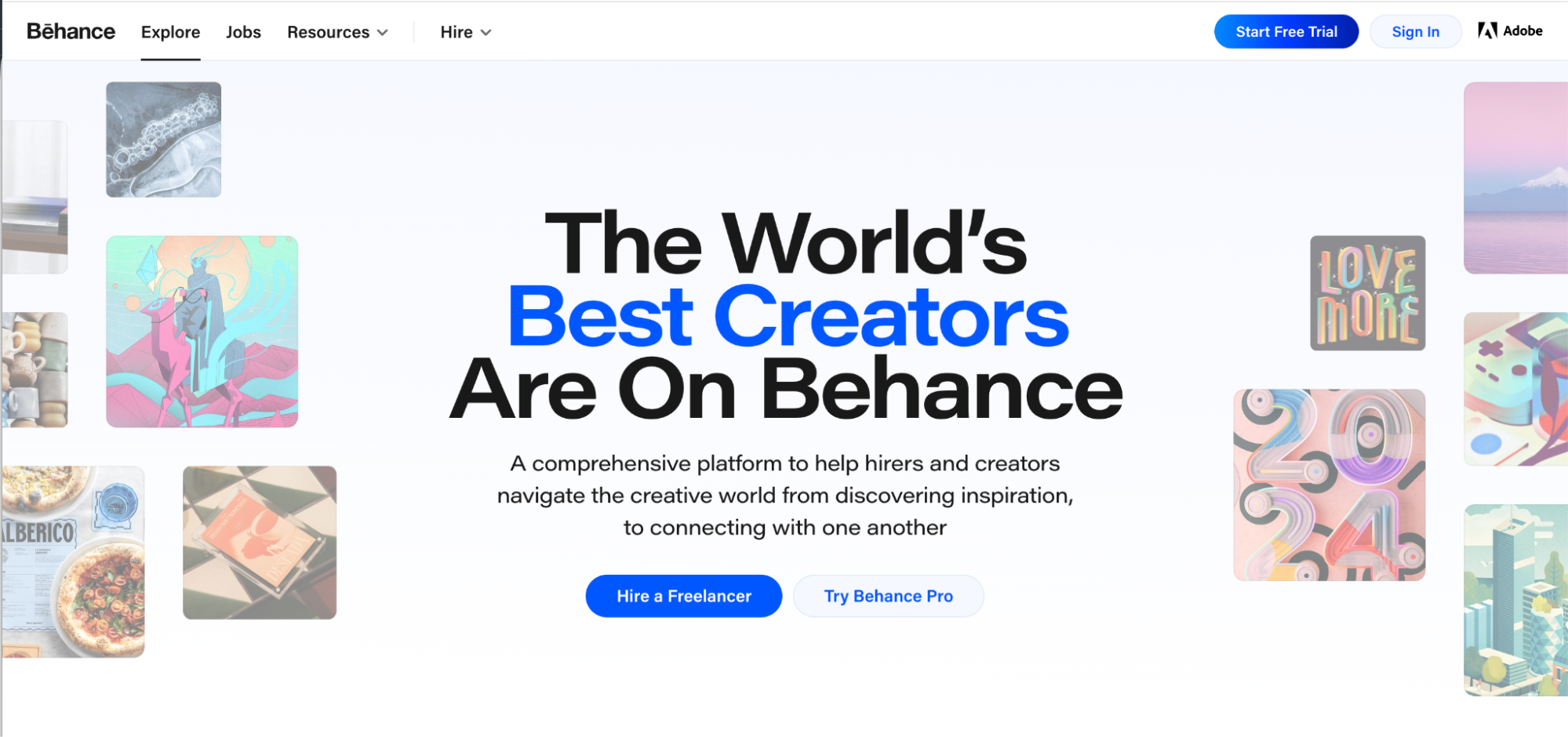 Behance homepage showcasing creative portfolios and featured work as an Instagram alternative for designers. The platform focuses on discovery, professional exposure, and long-form visual projects.