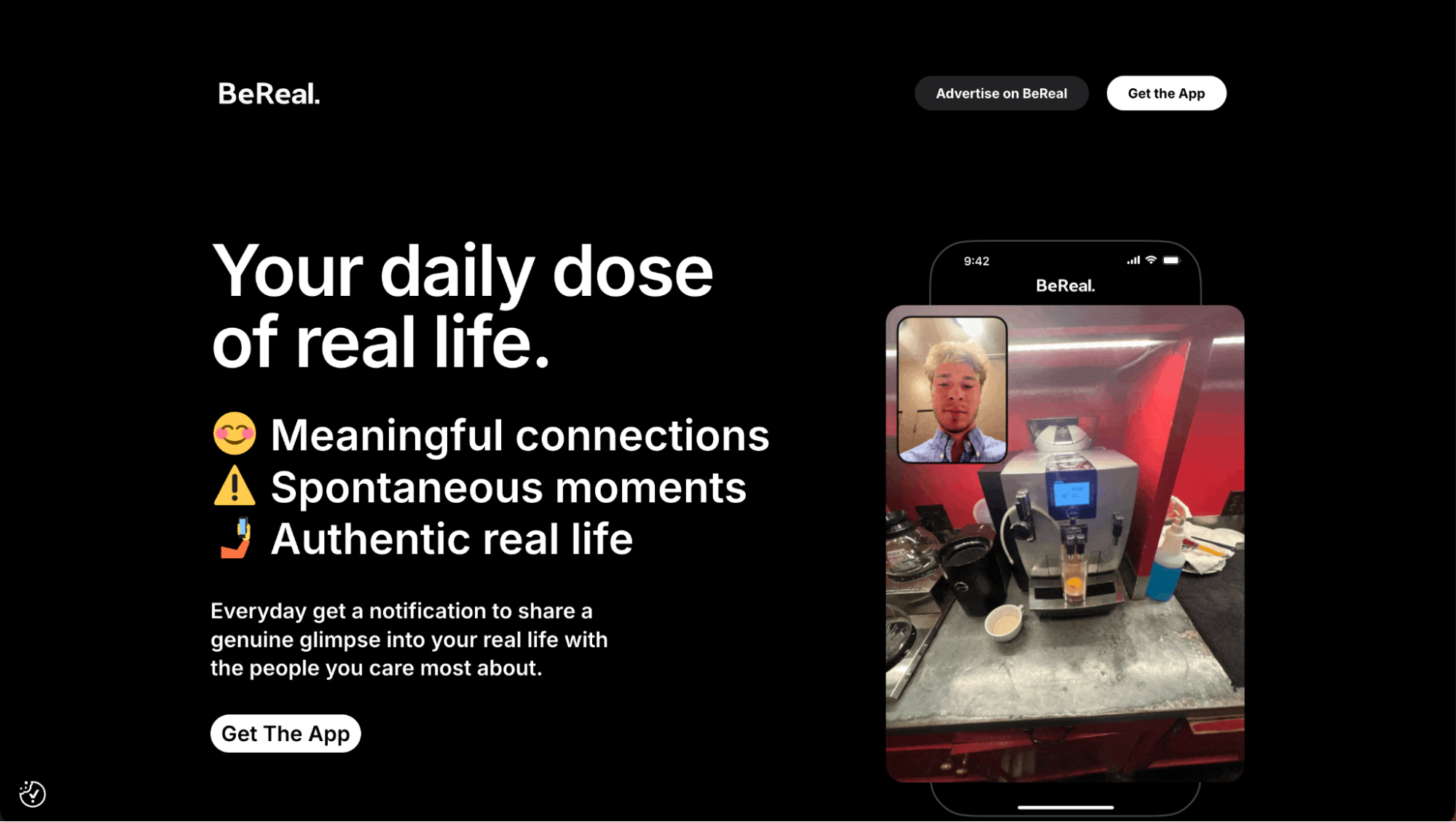 BeReal app interface promoting authentic daily photo sharing as an Instagram alternative. The platform prioritizes real-time moments over curated feeds and filters.