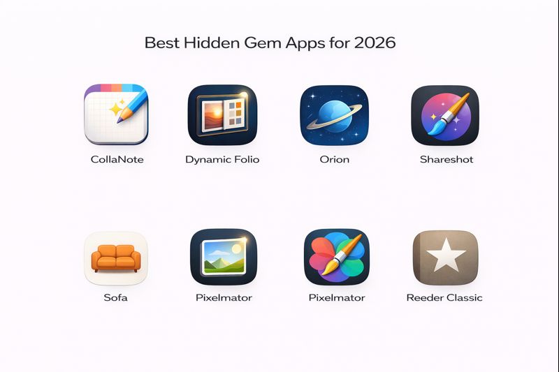 Grid of app icons labeled as best hidden gem apps for 2026, including productivity, reading, and creative tools.