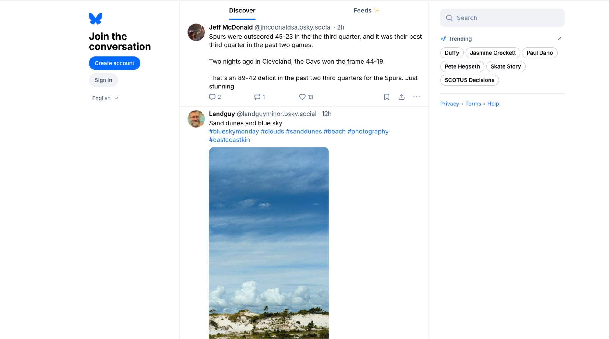 Bluesky social feed displaying decentralized conversations as an Instagram alternative. The platform emphasizes chronological posts and user-controlled social experiences.