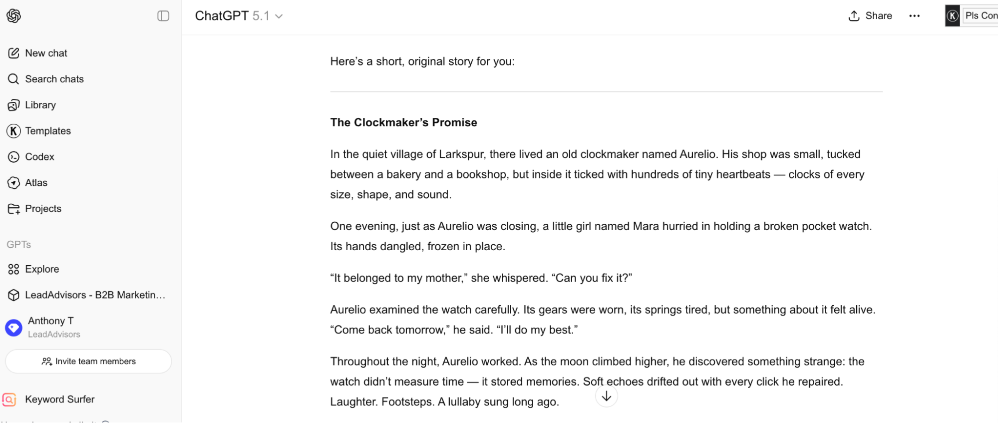 Screenshot of ChatGPT generating an original short story titled “The Clockmaker’s Promise” within the chat interface.