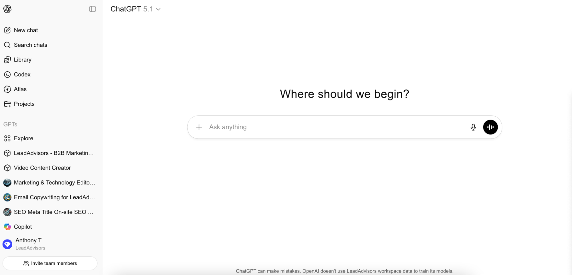 Screenshot of the ChatGPT 5.1 home screen prompting users with the question “Where should we begin?”