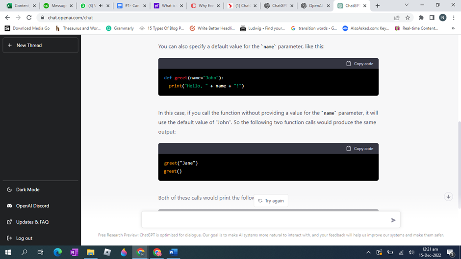 Screenshot showing a Python function example in ChatGPT explaining how default parameter values work when no argument is passed.