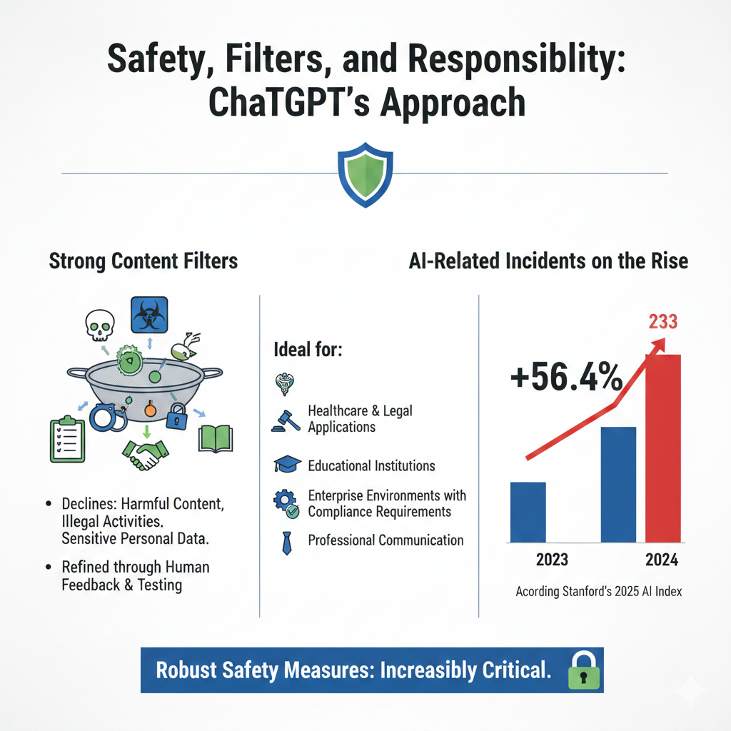 Infographic explaining ChatGPT’s approach to safety, content filtering, and responsible AI use, including compliance-focused applications.