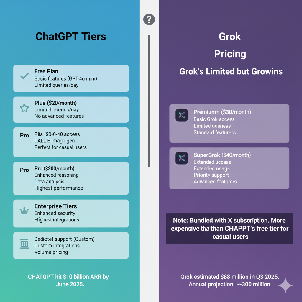 Side-by-side graphic comparing ChatGPT subscription tiers with Grok’s pricing and feature limitations.