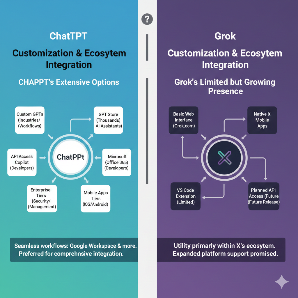 Visual comparison illustrating ChatGPT’s extensive integrations and ecosystem versus Grok’s more limited but growing platform support.