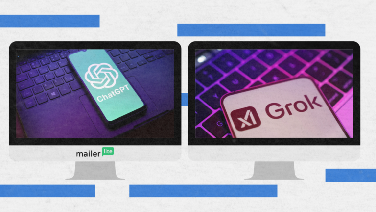 Side-by-side visual comparing ChatGPT and Grok interfaces displayed on monitors, highlighting branding and platform differences.