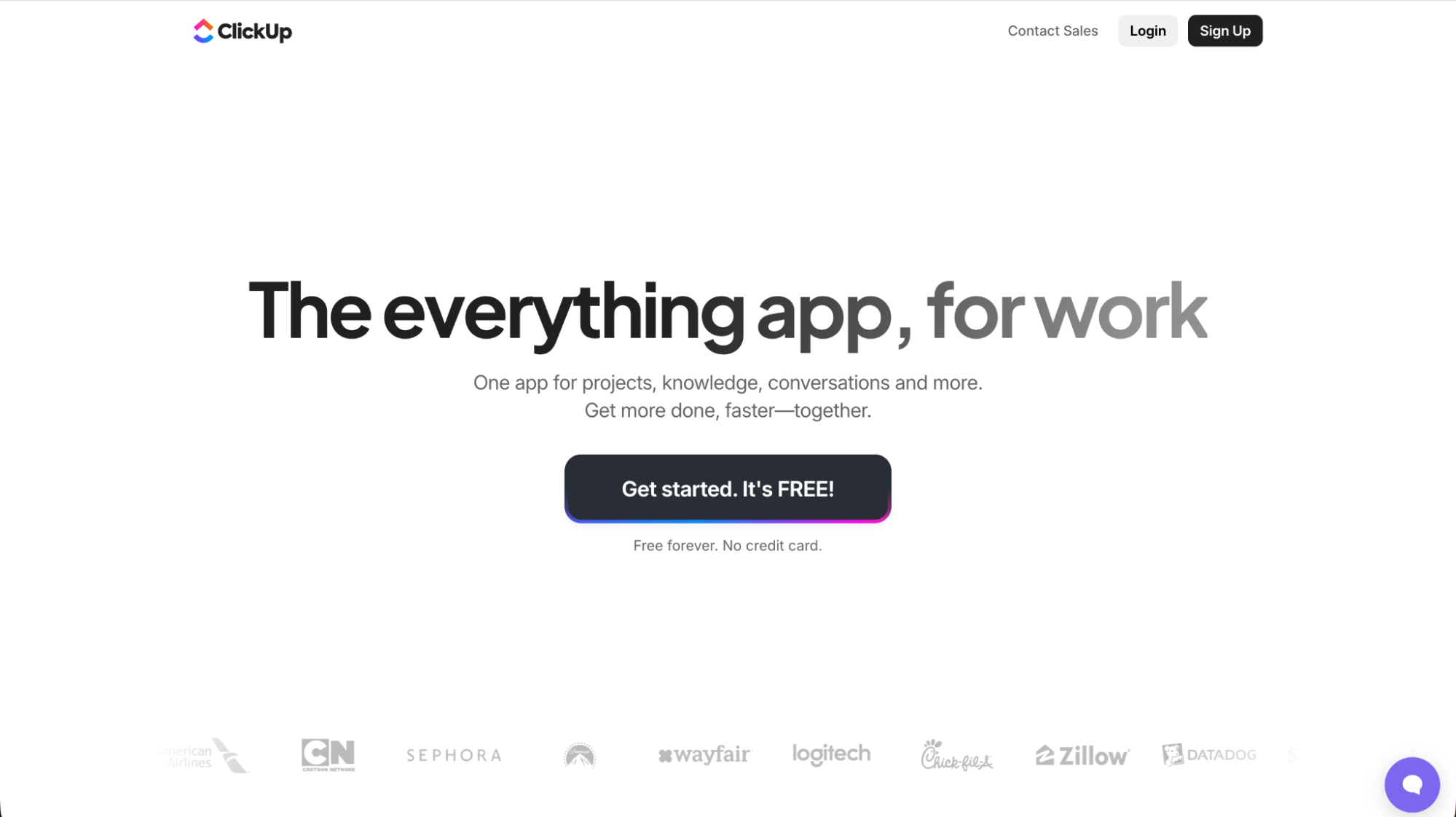 ClickUp homepage highlighting its all-in-one productivity app for managing projects, knowledge, and workflows.