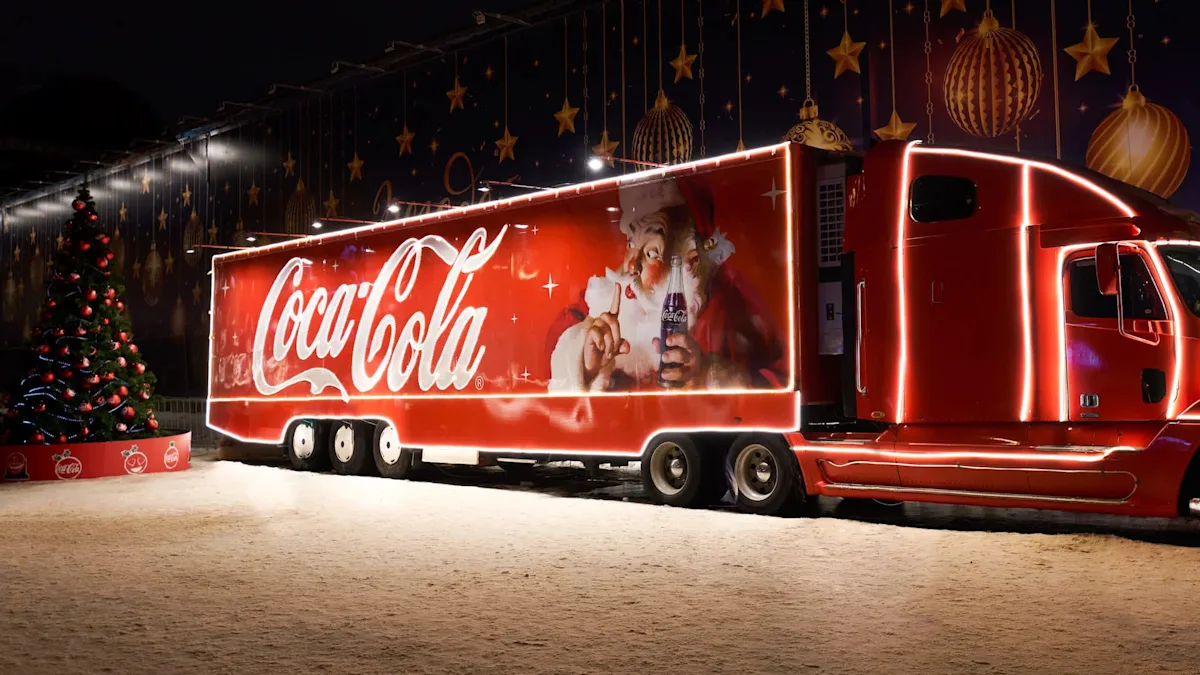  A brightly lit Coca-Cola truck displays a festive image of Santa Claus holding a Coke bottle during a holiday-themed event.