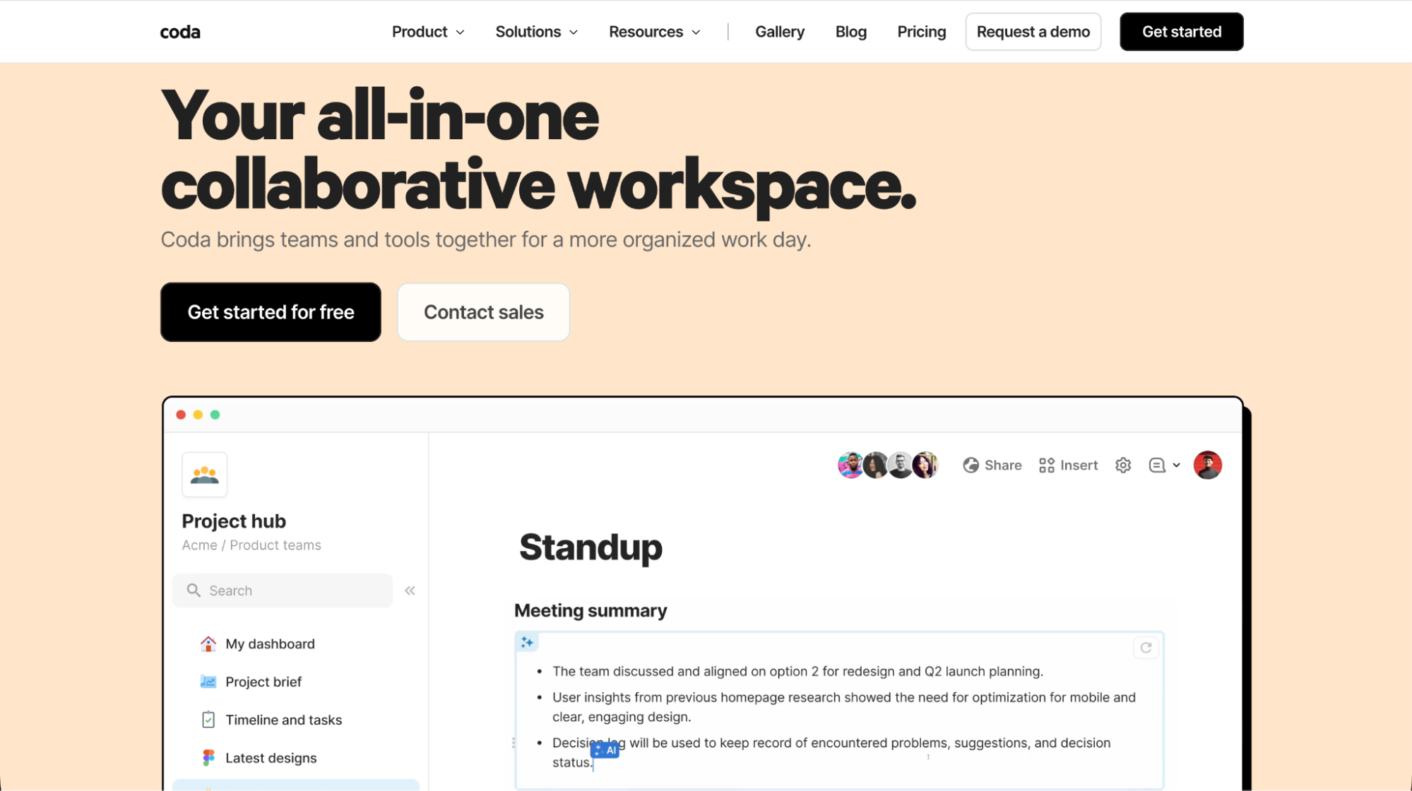 Coda collaborative workspace homepage featuring tools for teams to organize projects, docs, and workflows in one platform.