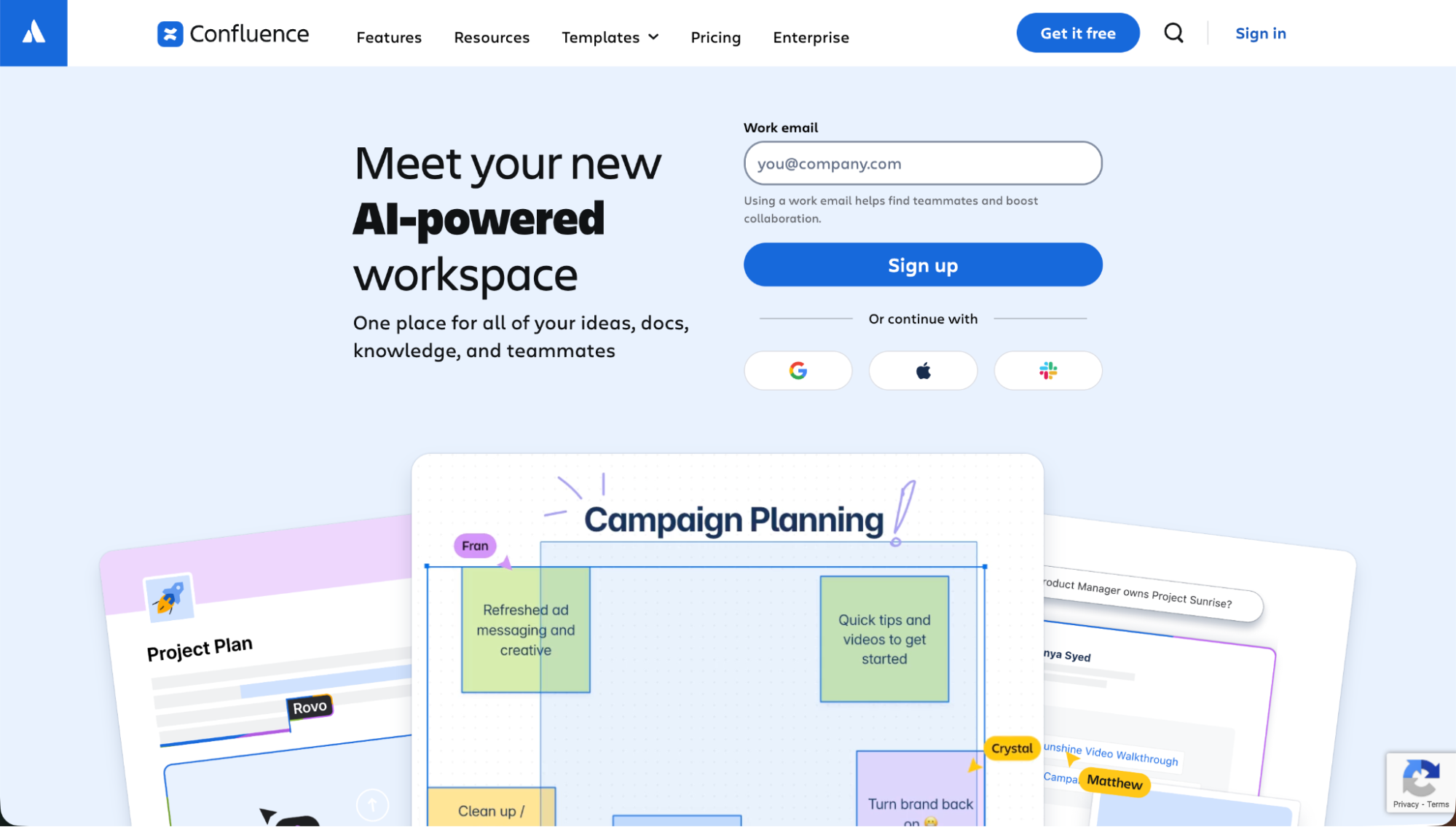 Confluence homepage introducing its AI-powered workspace for team documentation, planning, and collaboration.