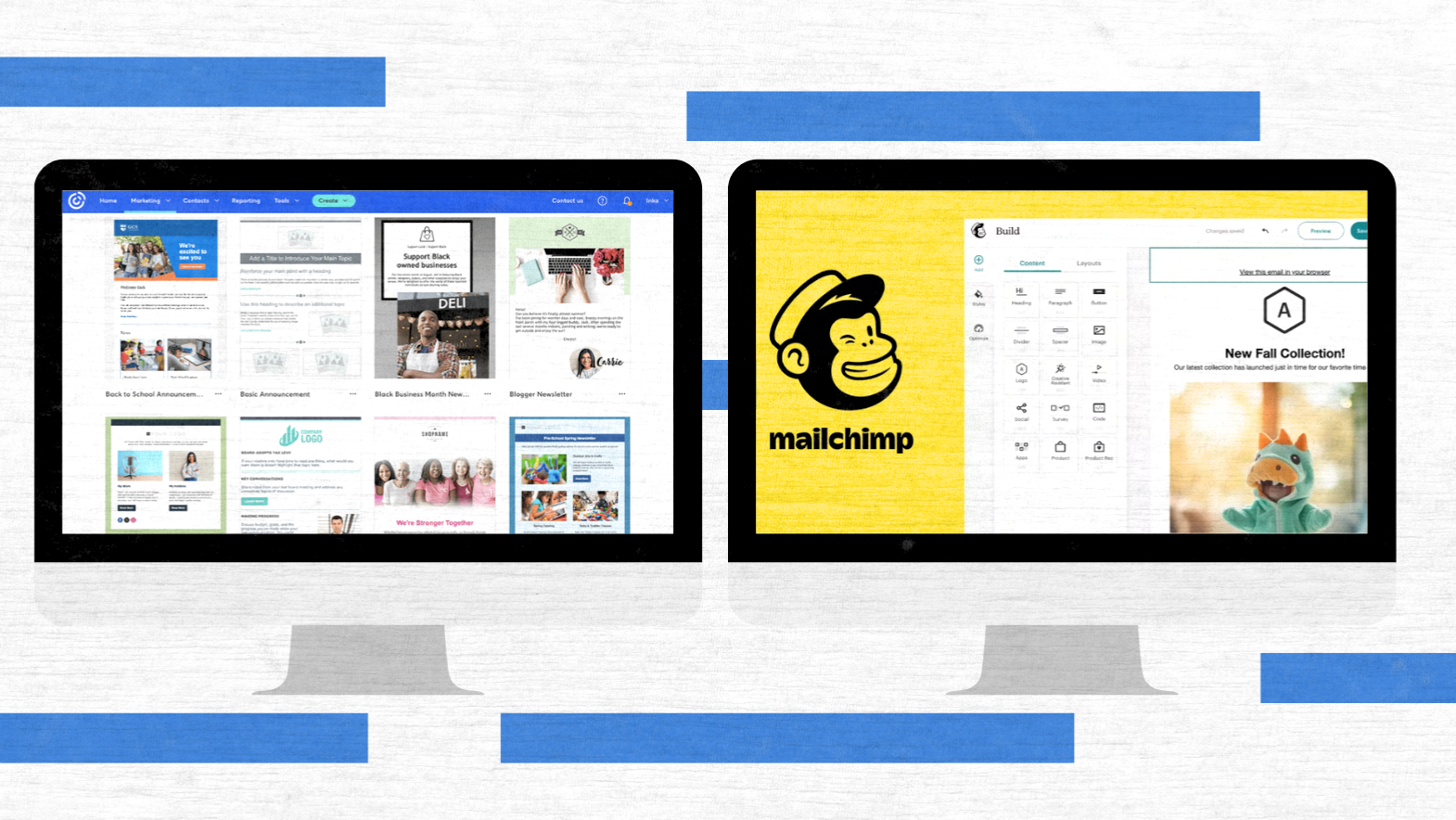 Side-by-side screenshot comparison of the Constant Contact and Mailchimp email editors and templates.