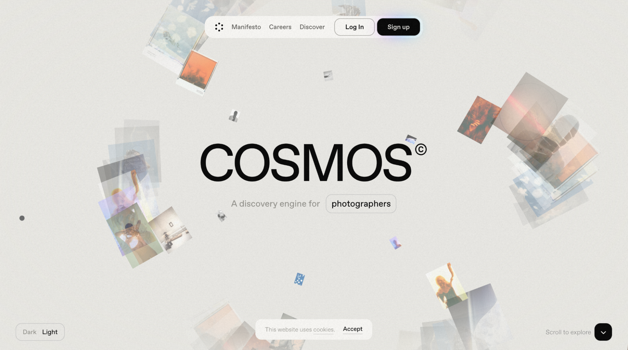 Cosmos homepage showing curated photography discovery as an Instagram alternative. Designed for photographers who want exploration without algorithm pressure.
