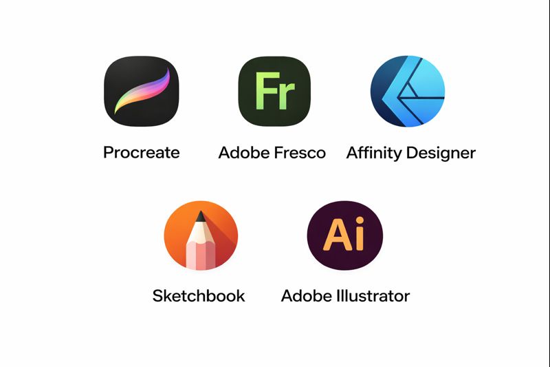 Row of illustration and design app icons including Procreate, Adobe Fresco, Affinity Designer, Sketchbook, and Adobe Illustrator.