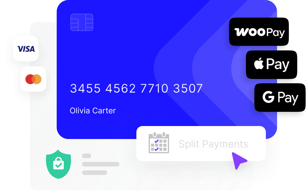 Graphic illustrating digital wallet and online payment options including credit cards, Apple Pay, Google Pay, and WooPay.