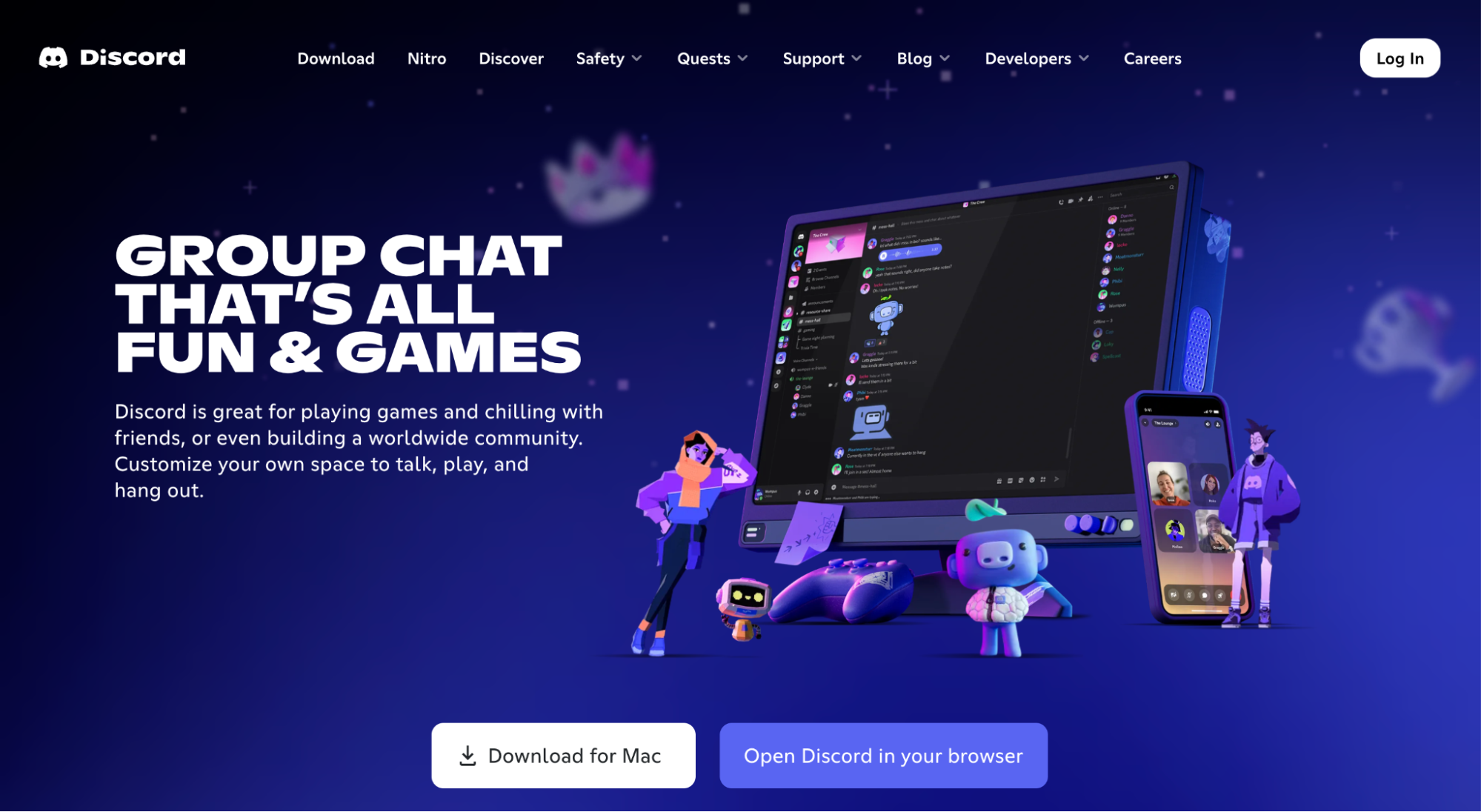 Discord landing page highlighting group chat and community spaces as an Instagram alternative. Focuses on real-time interaction, private communities, and direct audience engagement.