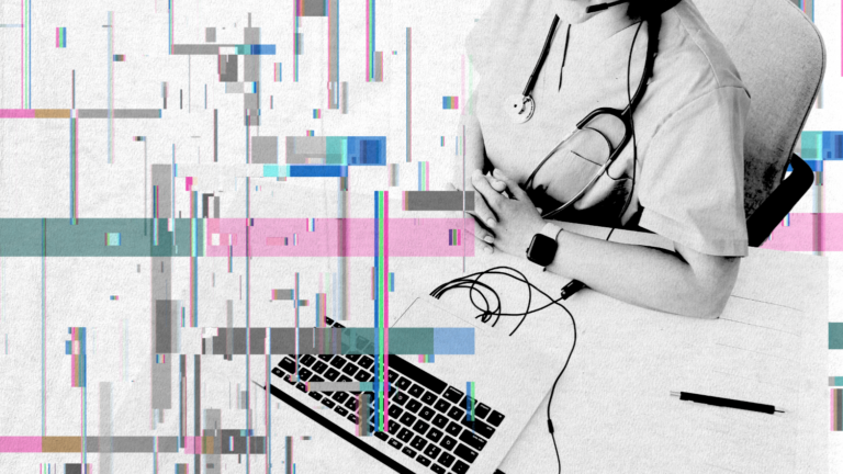 Healthcare professional with stethoscope typing on keyboard with digital glitch overlay effect, representing modern medical technology and digital healthcare transformation.