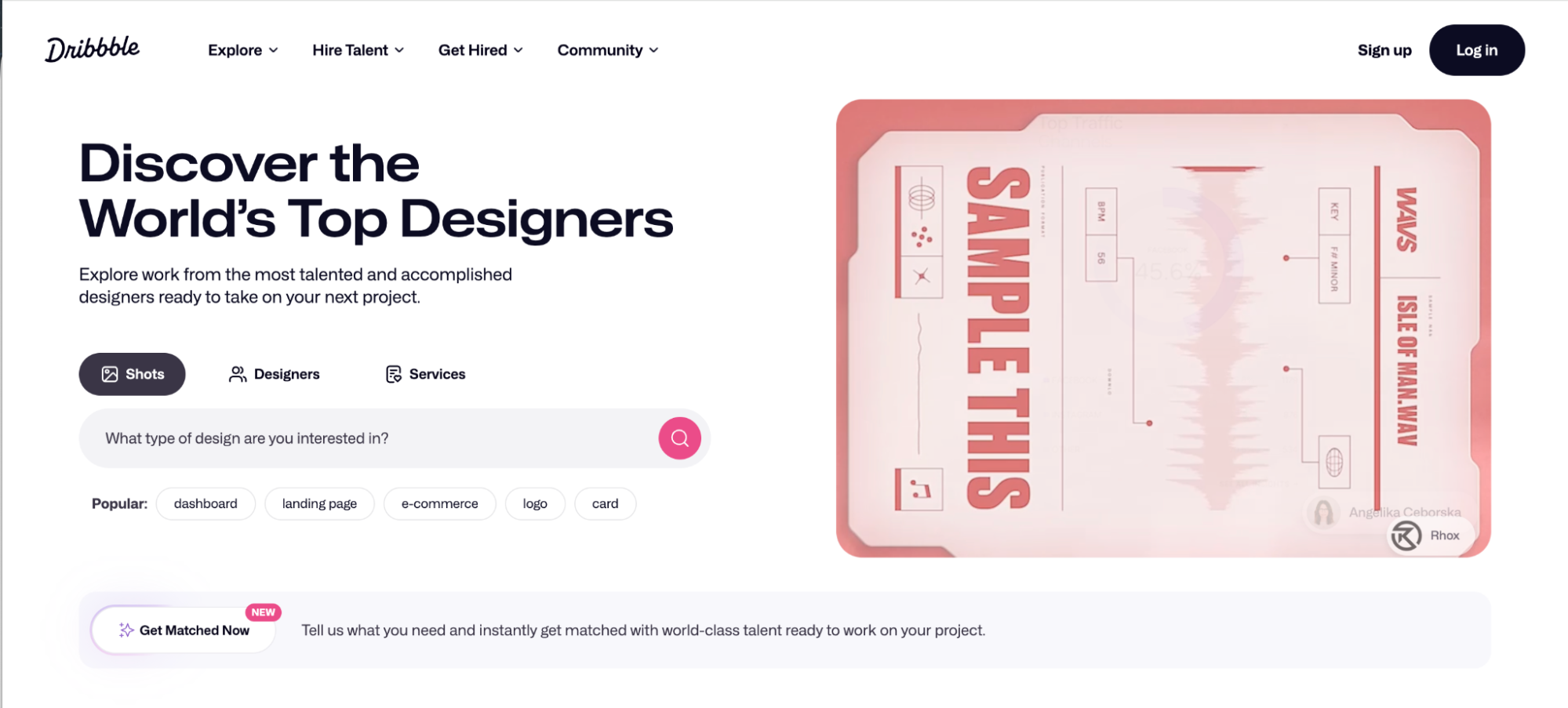 Dribbble homepage showcasing design work and portfolios as an Instagram alternative for designers. The platform supports discovery, hiring, and professional networking.