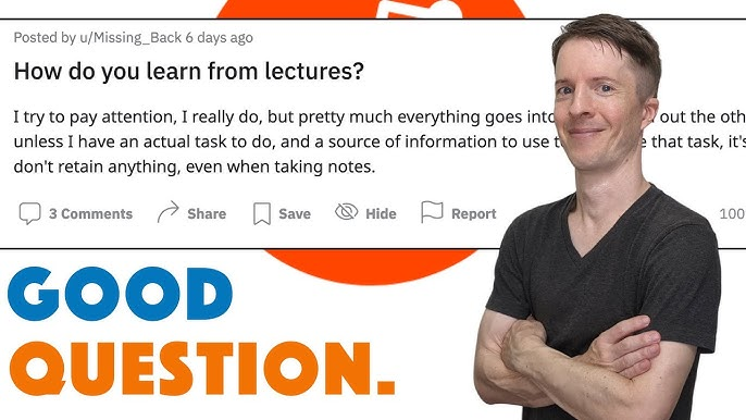 A presenter stands beside a Reddit post asking how users learn from lectures, emphasizing discussion-based learning and community responses.