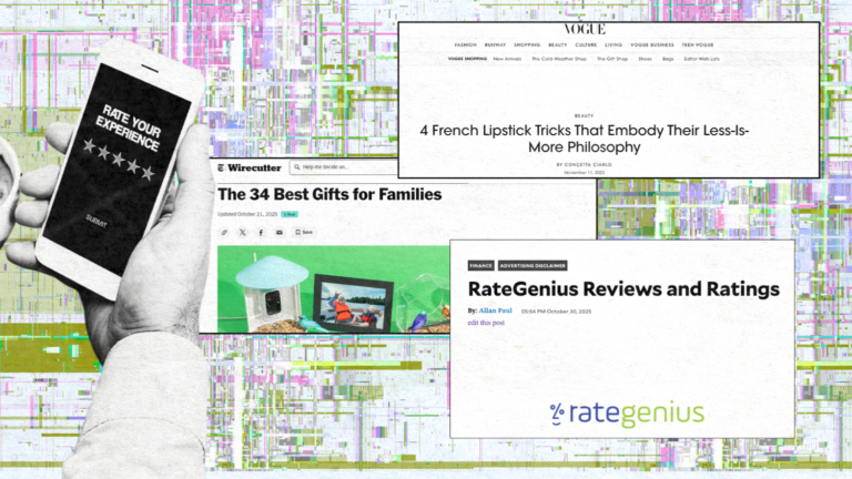 Collage of editorial review examples from major publishers like Wirecutter, Vogue, and RateGenius illustrating the impact of high-authority brand reviews.