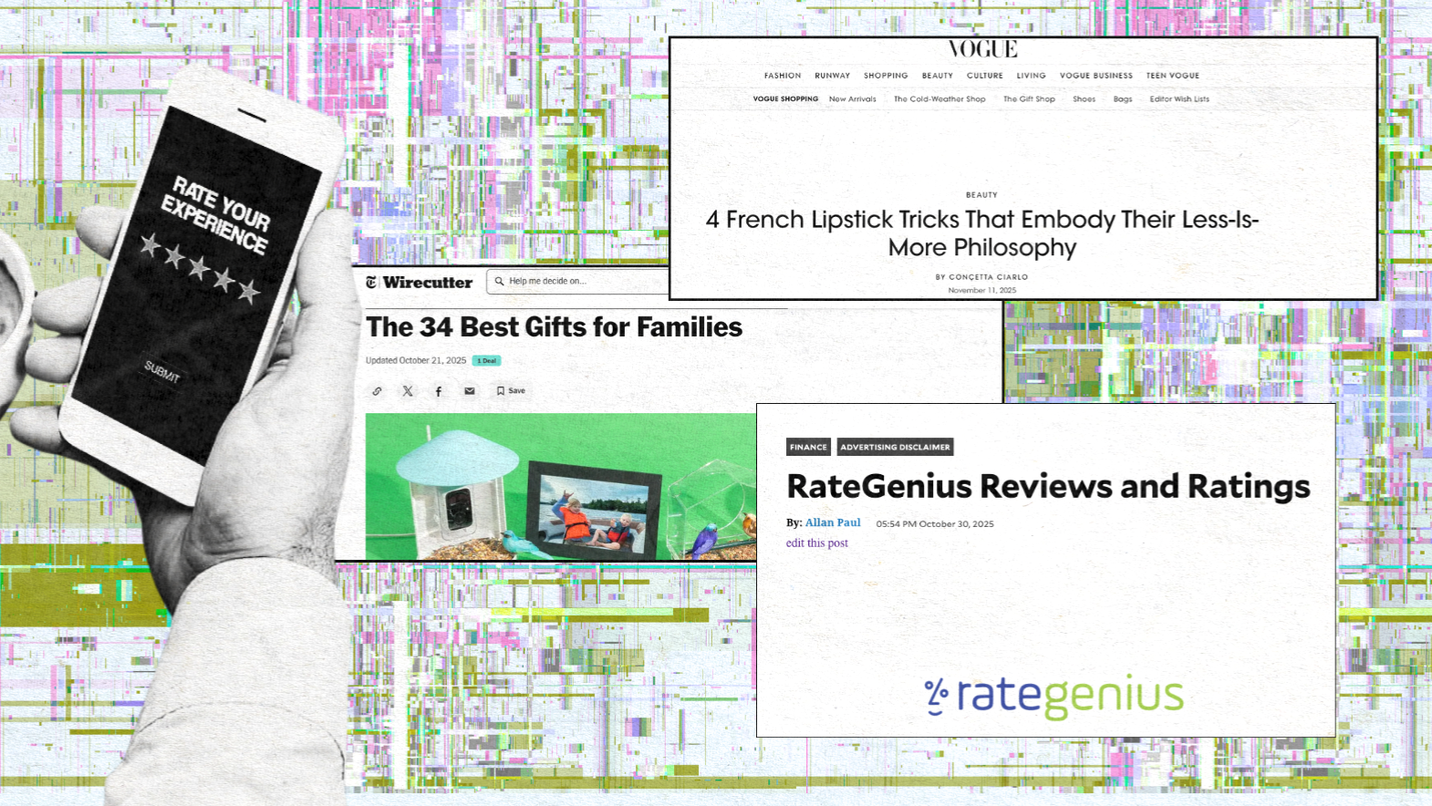 Collage of editorial review examples from major publishers like Wirecutter, Vogue, and RateGenius illustrating the impact of high-authority brand reviews.