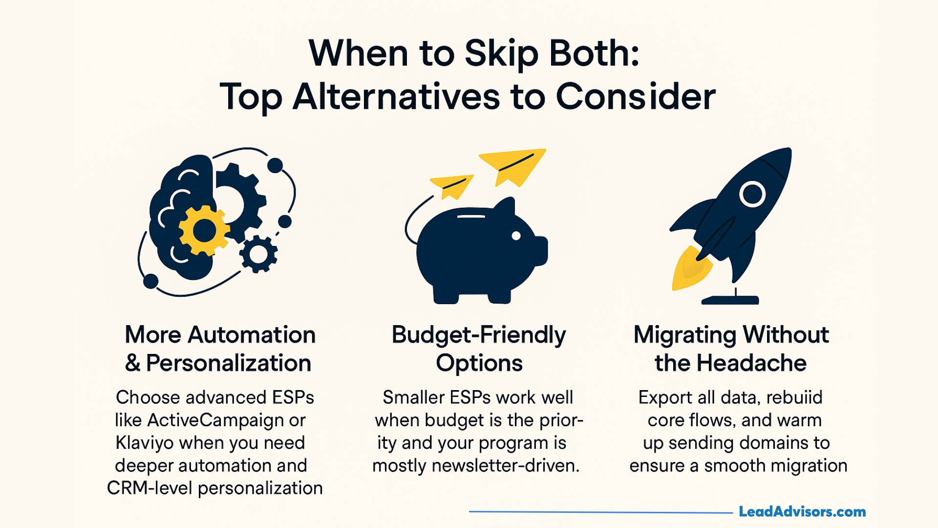 Alternative email marketing options for users who need more automation, budget-friendly solutions, or easier platform migrations.