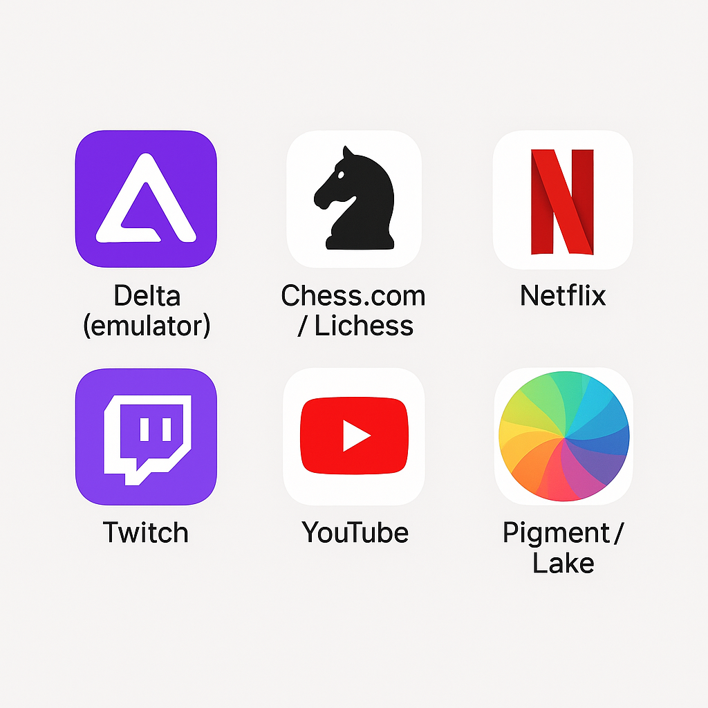 Grid of app icons featuring Delta emulator, chess apps, Netflix, Twitch, YouTube, and digital art tools.